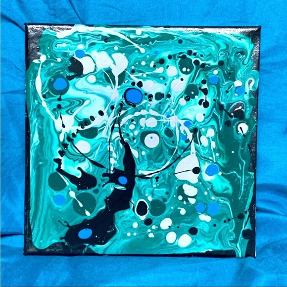 Original Paint Pour Art - 8x8 wrapped canvas with greens, blue, silver & white - Picture 2 of 11